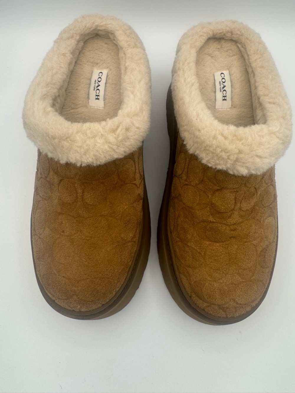 Coach Chestnut Suede Shearling-Trim Slip-On Clogs, size 9